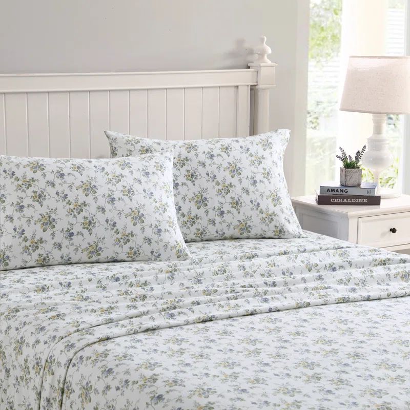 Full Cottage Blue Cotton Flannel Floral Sheet Set