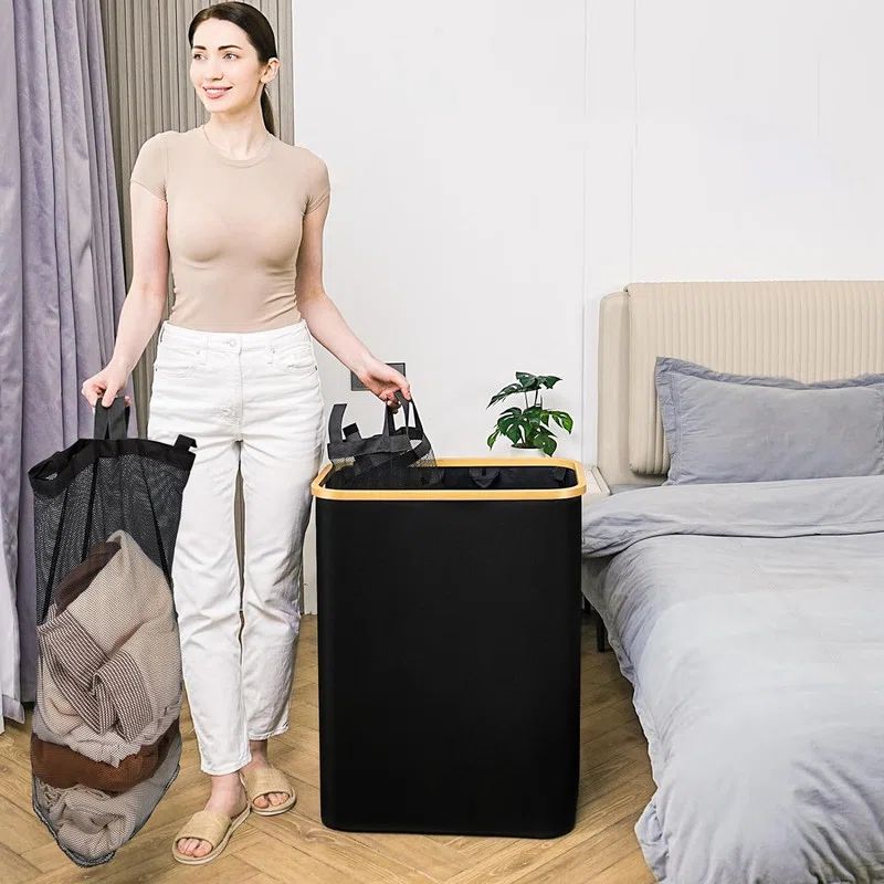 Black Rectangular Modern Laundry Hamper with Lid and Built-in Bags