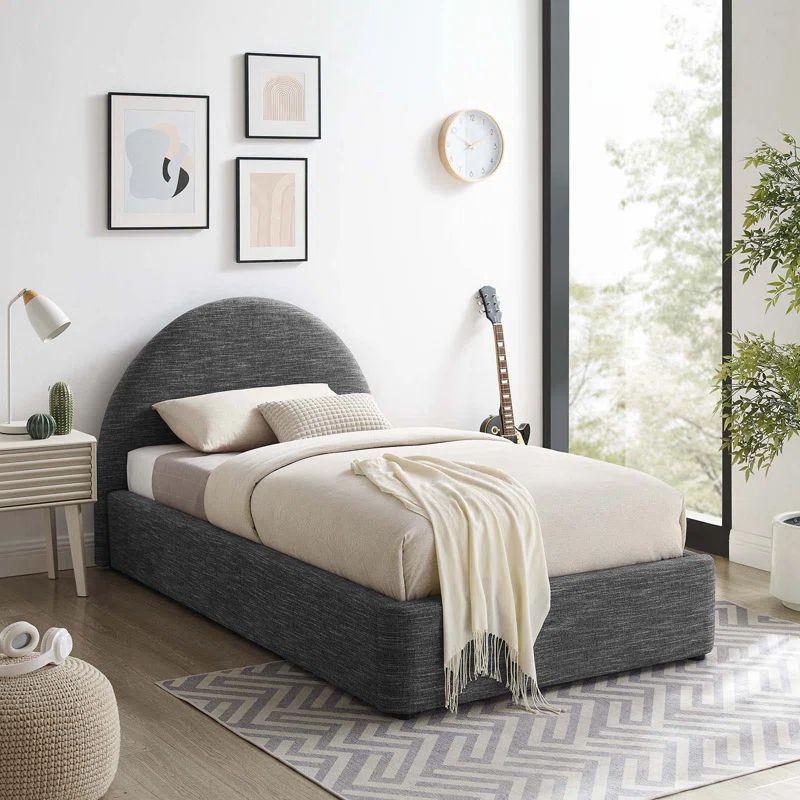 Heathered Slate Twin Upholstered Velvet Platform Bed with Arched Headboard