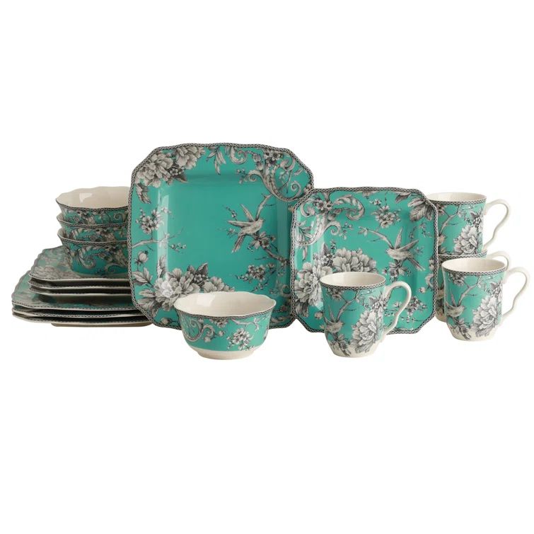 Adelaide Turquoise Toile Porcelain 16-Piece Square Dinnerware Set