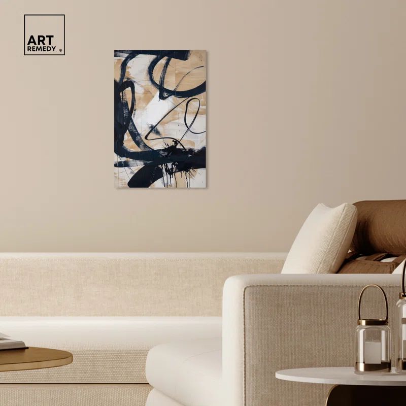 Flowing Abstract Shapes Beige and Black Canvas Wall Art, 16" x 24"