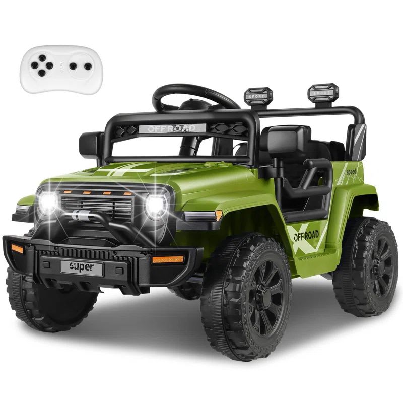Green 12V Kids Electric Jeep with Remote Control and LED Lights