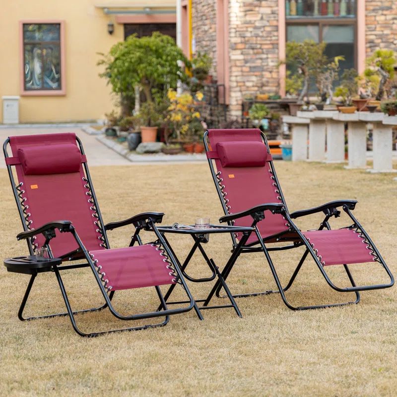 Wine Red Steel Zero Gravity Folding Lounge Chair Set with Cushions