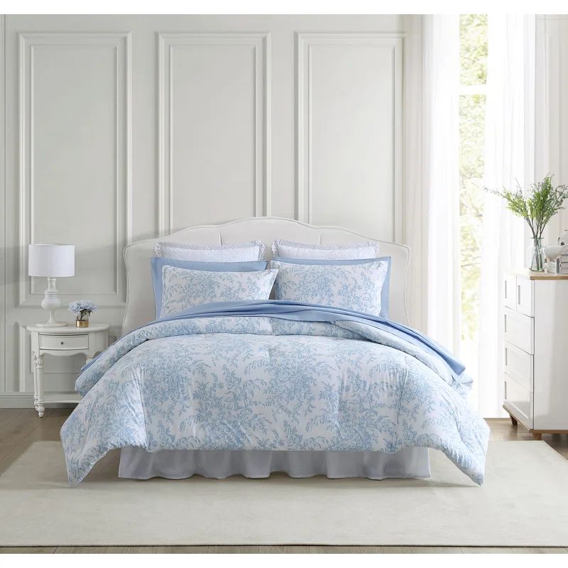Blue Floral Cotton Twin Reversible Comforter Set with Shams