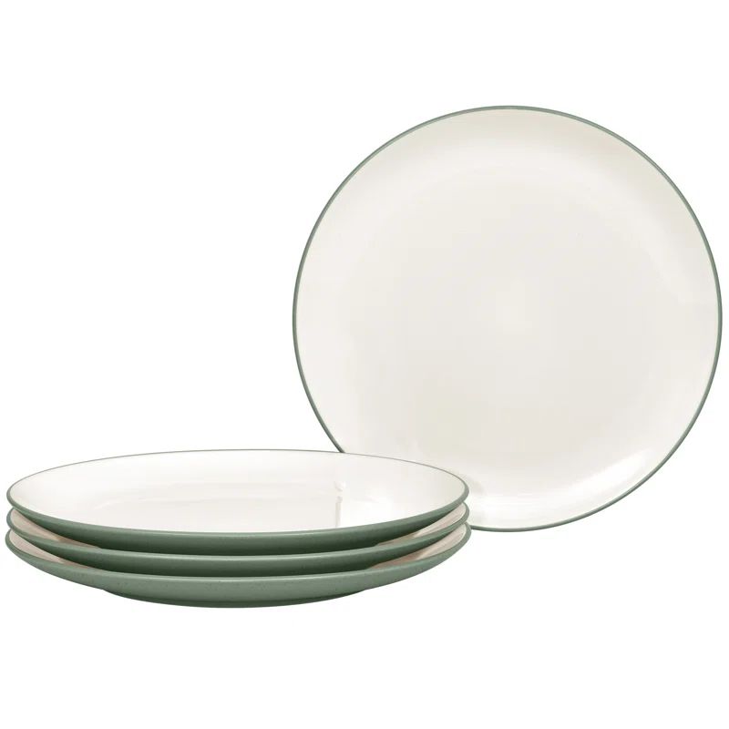 Green and Cream Stoneware Coupe Salad Plates, 8.25" Set of 4