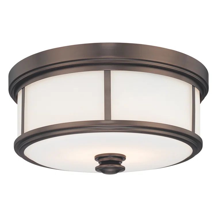 Harvard Court Bronze Etched Opal Glass Drum Flush Mount Light