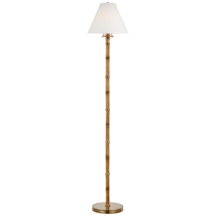 Tall Waxed Bamboo and Brass Floor Lamp with White Parchment Shade
