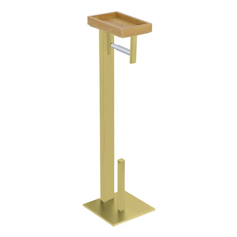 Brushed Brass Freestanding Toilet Paper Holder with Storage Shelf