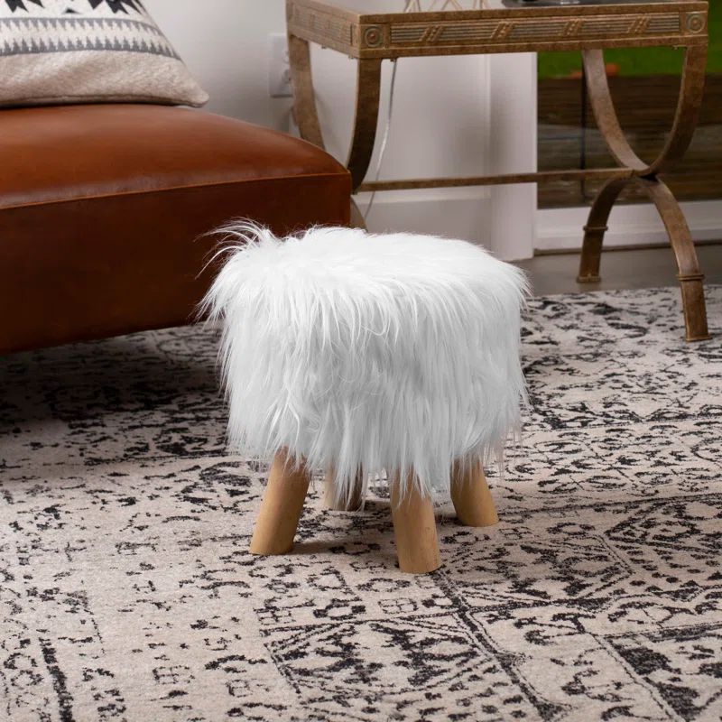 White Faux Fur Round Stool with Wooden Legs