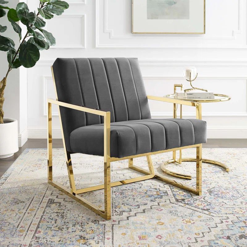 Charcoal Velvet Geometric Metal Accent Chair