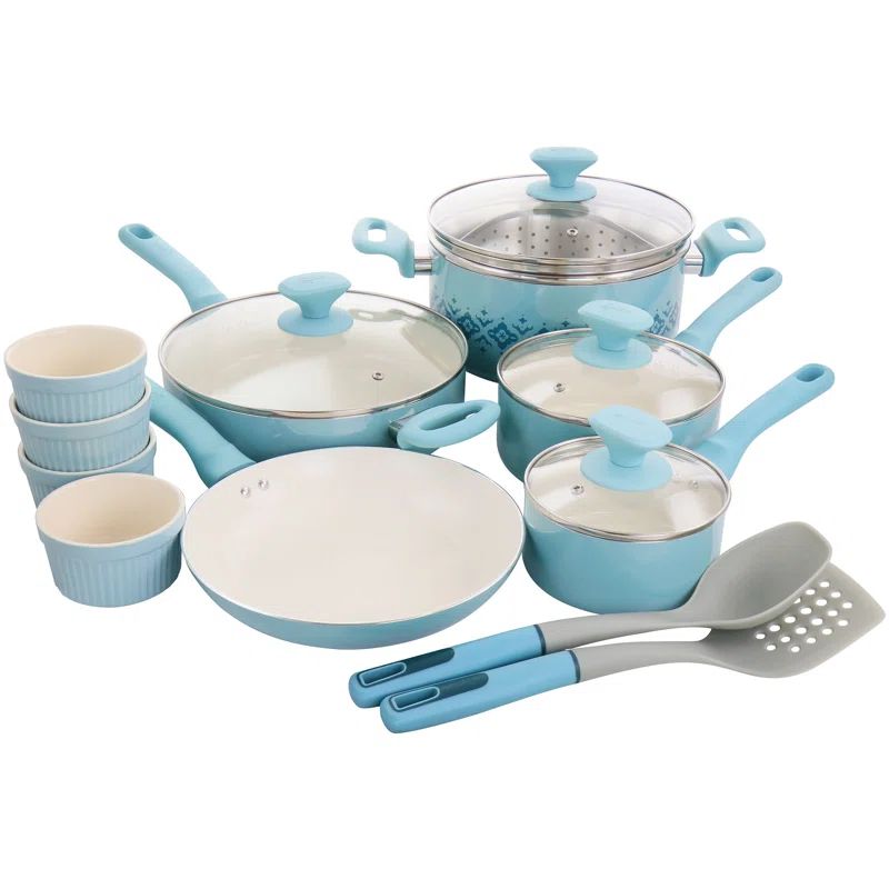 Aqua Blue 16-Piece Aluminum Nonstick Ceramic Cookware Set