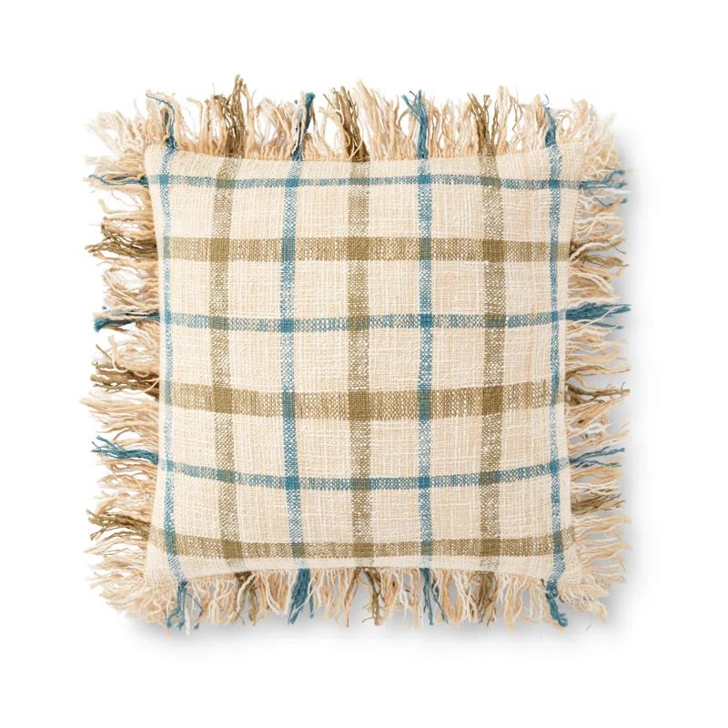 Natural Multicolor Cotton Plaid Pillow with Fringe, 18" x 18"