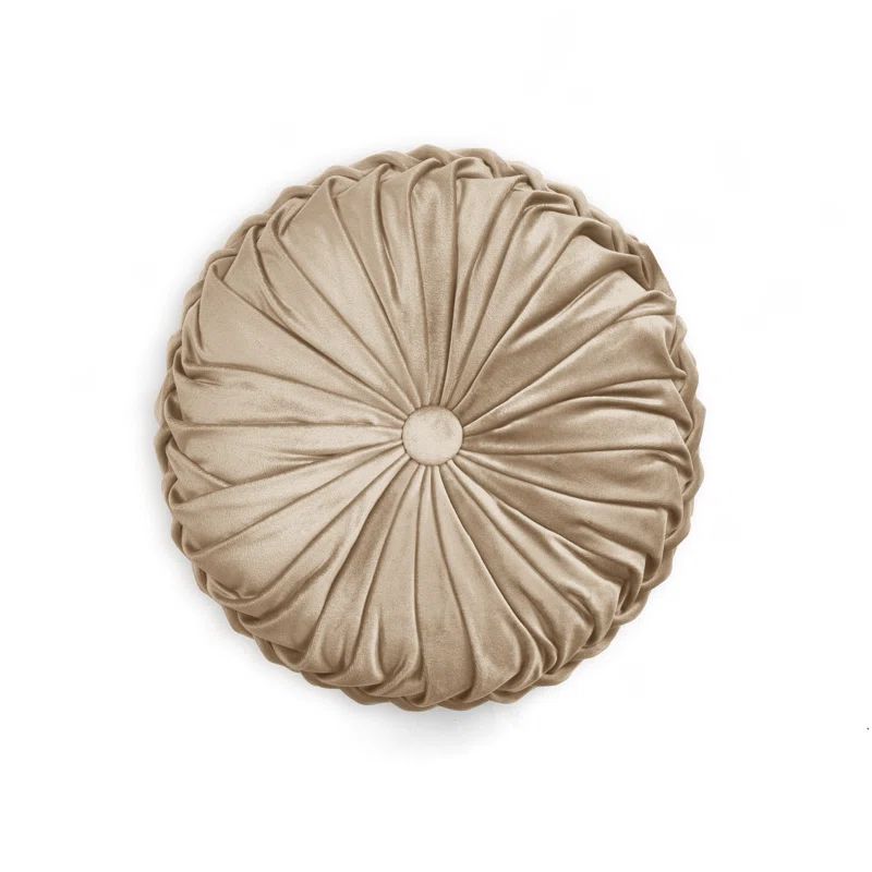 Taupe Round Pleated Faux Velvet Decorative Pillow, 15" Diameter