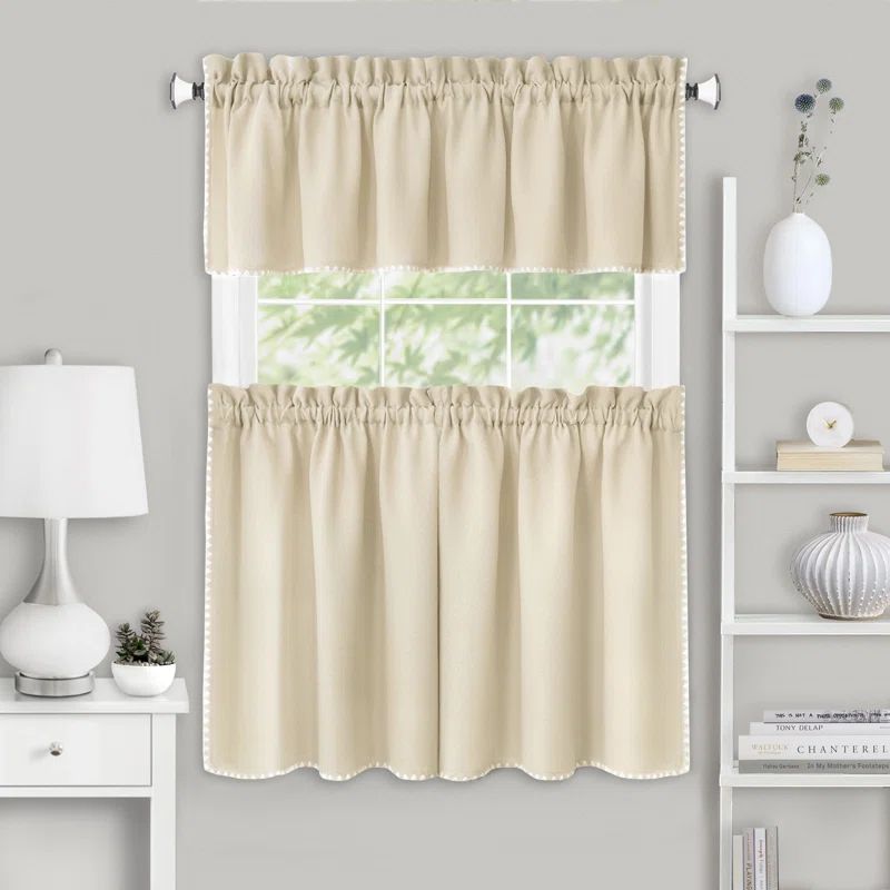 Tan and White Light Filtering Tier and Valance Curtain Set