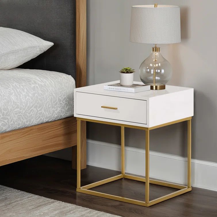 Catalina Mid-Century Modern White Rubberwood 1-Drawer Nightstand with Gold Legs
