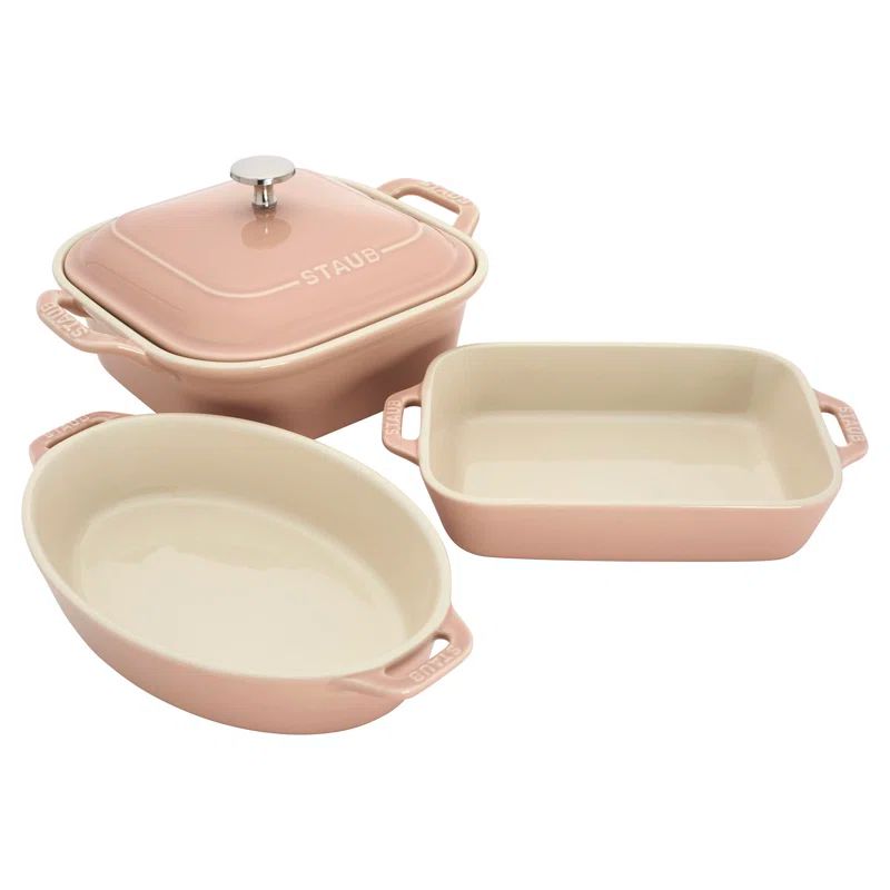 Staub Pastel Pink Glass-Porcelain Enamel 4-Piece Bakeware Set