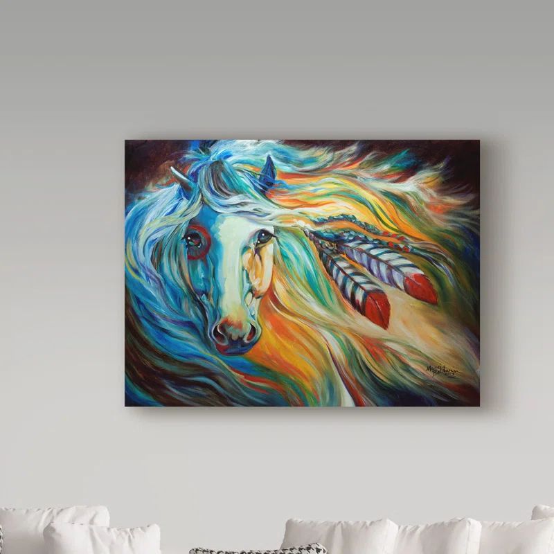 Large Multicolor Glossy Canvas Art of Horse with Feathers