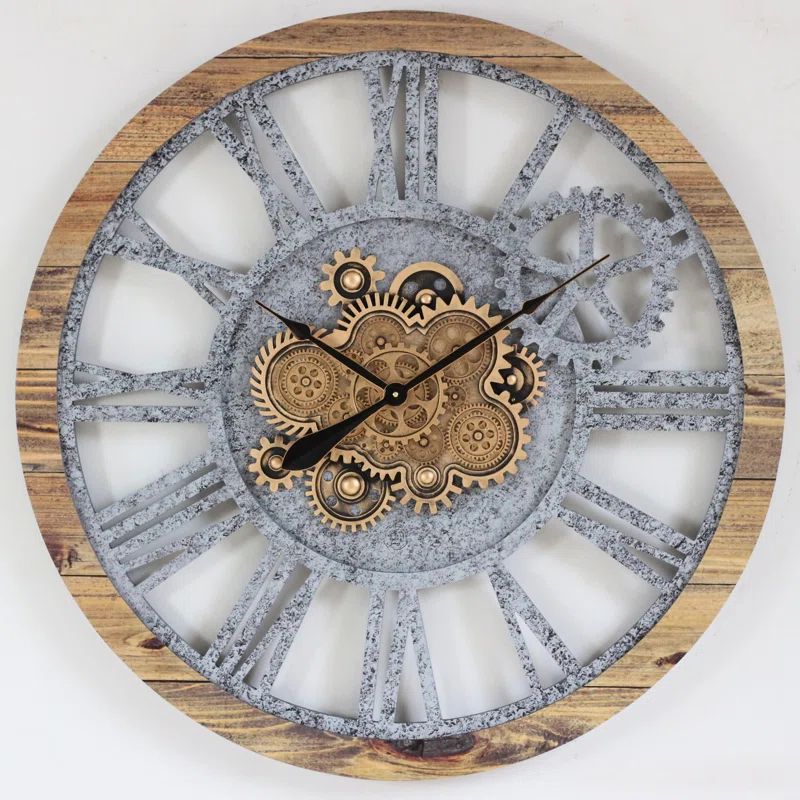 Oversized Brown and Gray Wood Industrial Wall Clock with Moving Gears