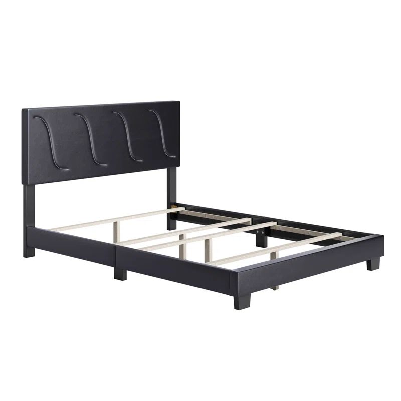 Black Faux Leather King Bed Frame with Upholstered Headboard