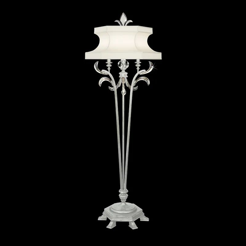 Elegant Silver Leaf 72" Floor Lamp with Laminated Silk Shade and Crystals