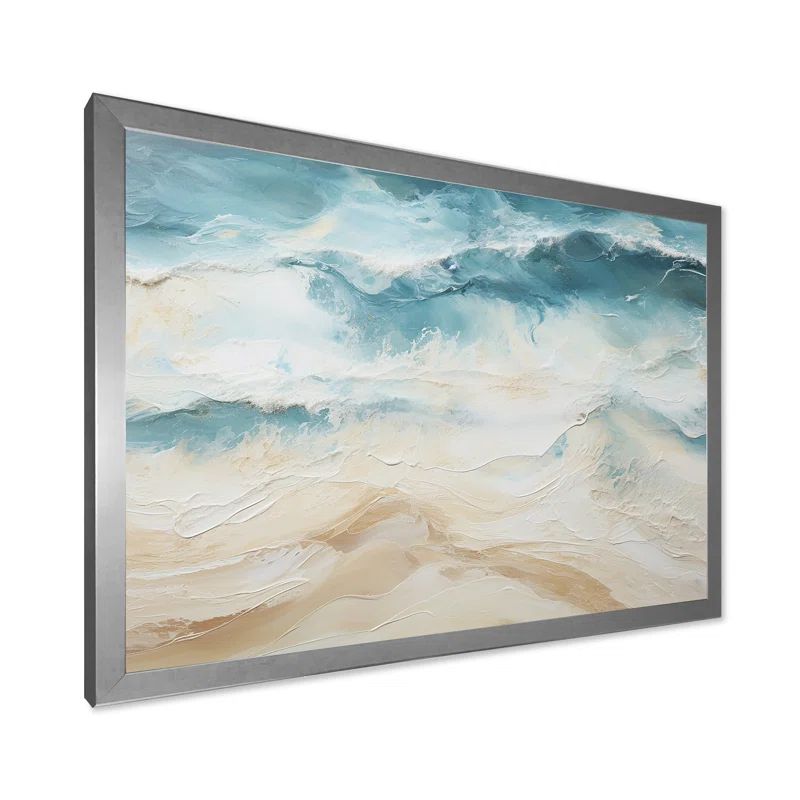 Modern Coastal Beige and Blue Beach Canvas Print with Silver Frame