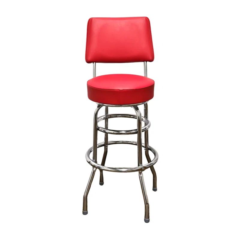 Red Vinyl Upholstered Swivel Bar Stool with Backrest