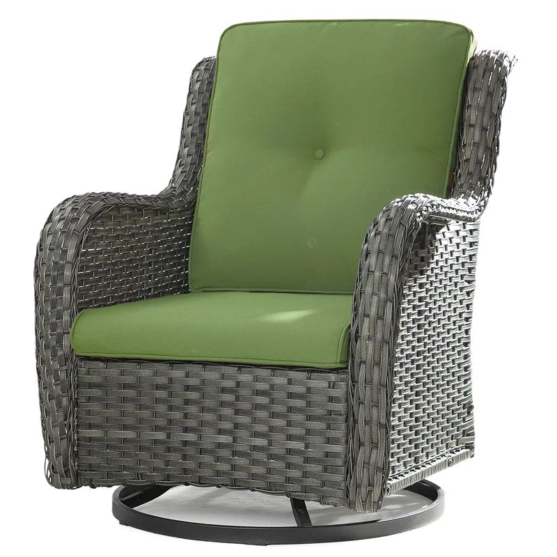 Green Quilted-Tufted Wicker Outdoor Swivel Dining Chair with Cushions