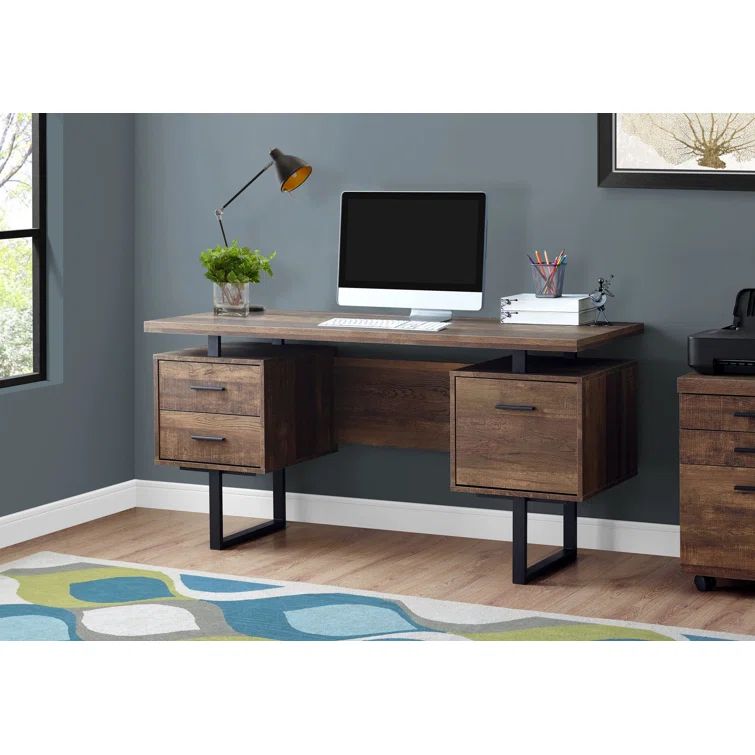 Transitional Brown Wood Home Office Desk with Metal Legs and 3 Drawers - 60"L