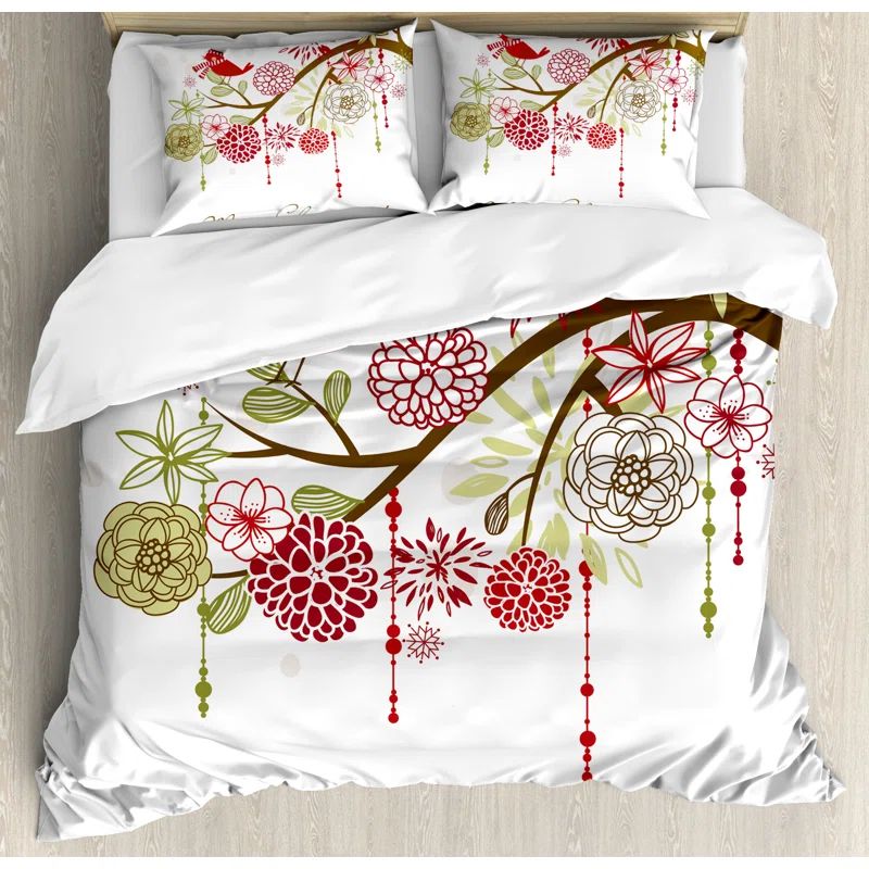 Floral Winter Red Bird Queen Duvet Cover Set
