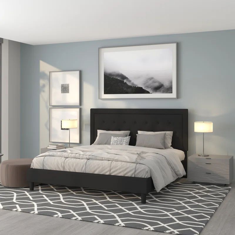 Black King Upholstered Platform Bed with Tufted Headboard and Slats