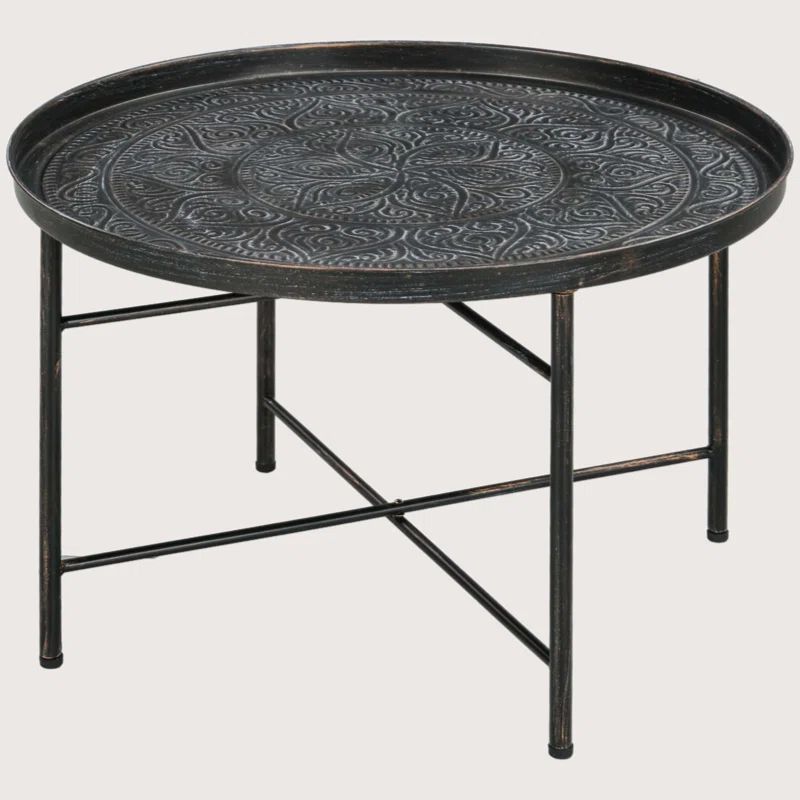 Pewter Round Metal Coffee Table with Hammered Tray Top