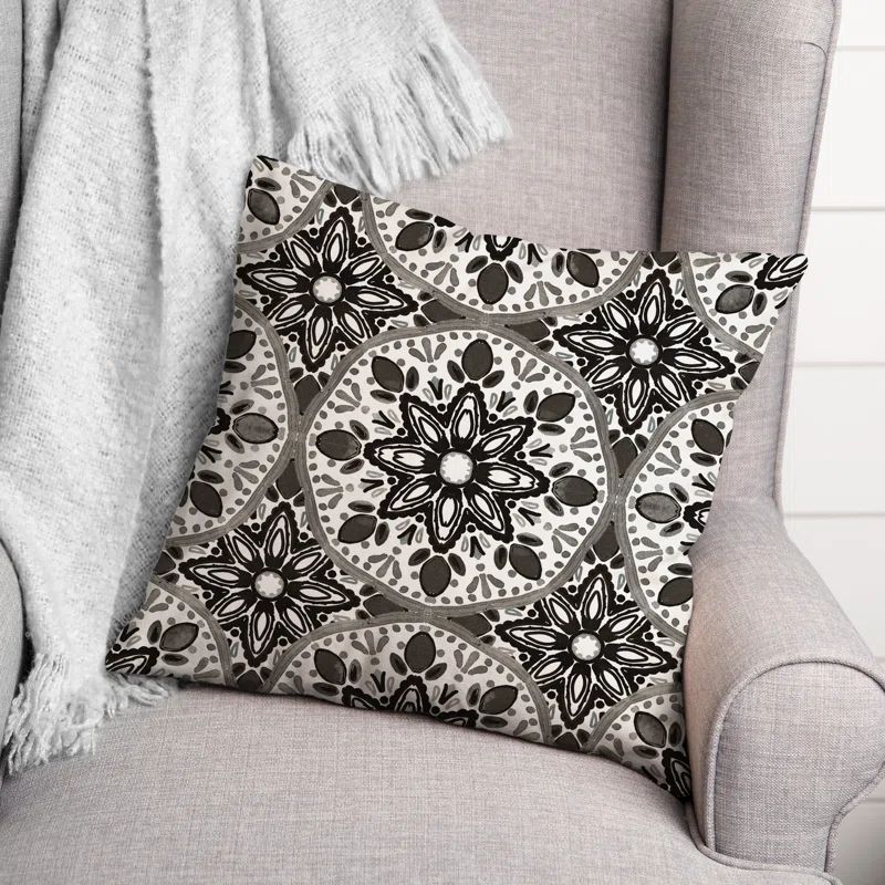 Geometric Black and Gray Medallion 18" Square Indoor/Outdoor Pillow