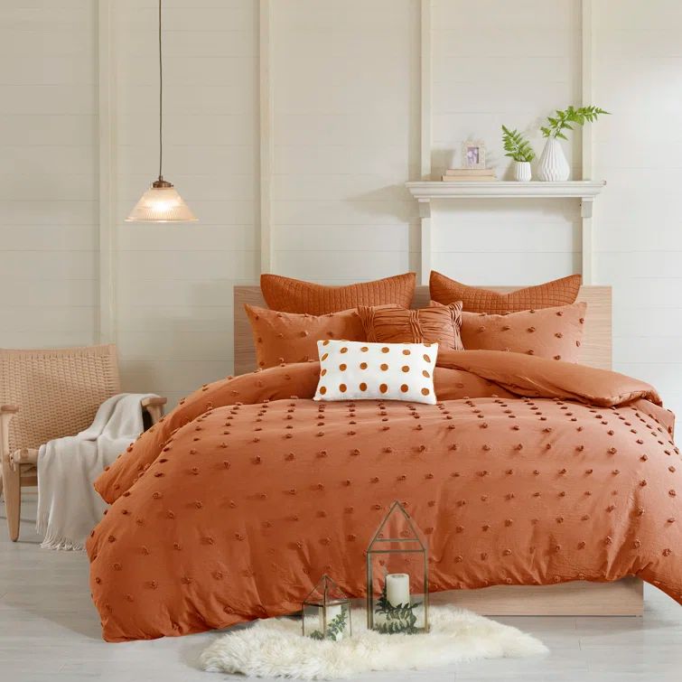 Rust Cotton Jacquard King Duvet Cover Set with Shams and Pillows