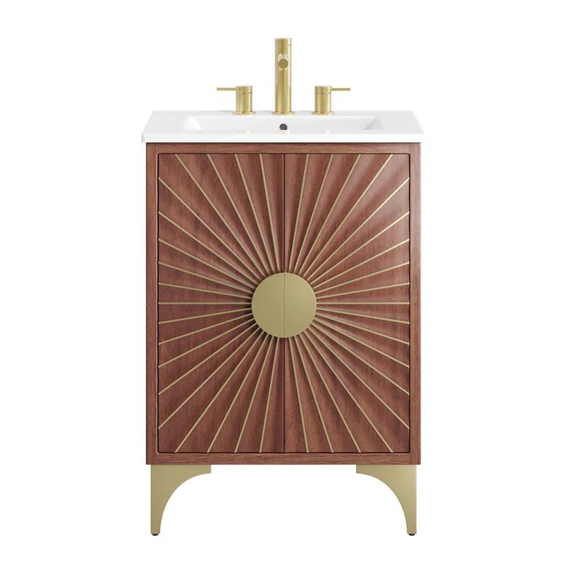 Daylight White Ceramic Sink Bathroom Vanity with Brass Accents