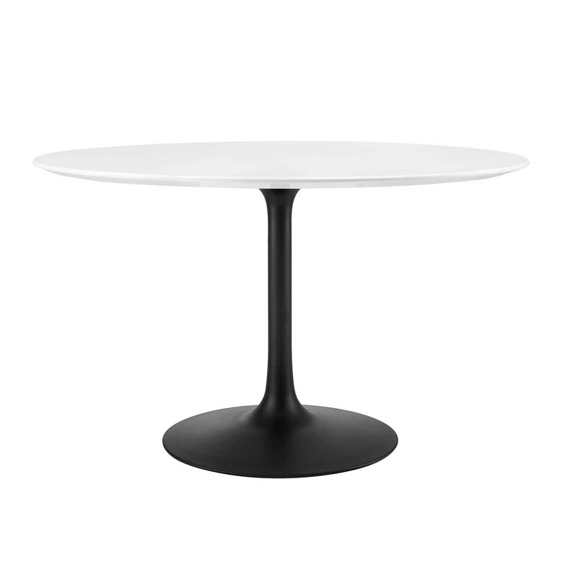 47" White Round Mid-Century Modern Dining Table with Black Base
