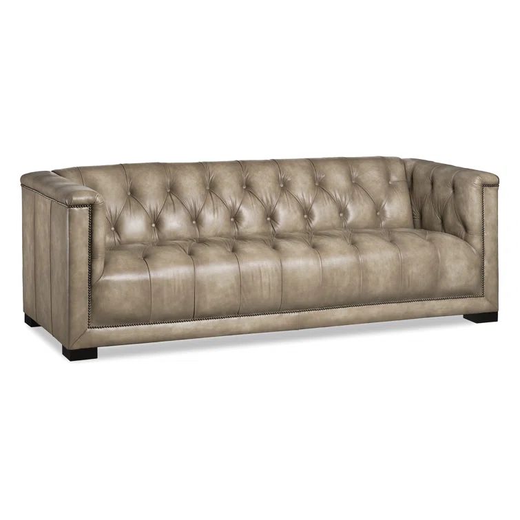 Lola Wheat Genuine Leather Tuxedo Arm Sofa with Black Wood Finish