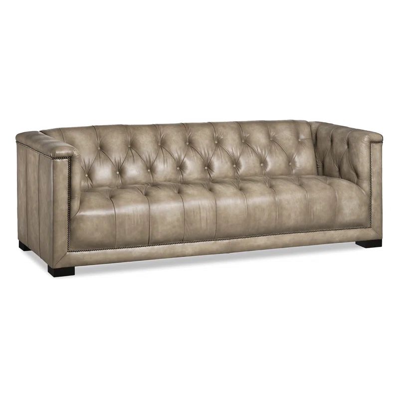 Rustic Camel Tuxedo Arm 90'' Leather and Wood Sofa
