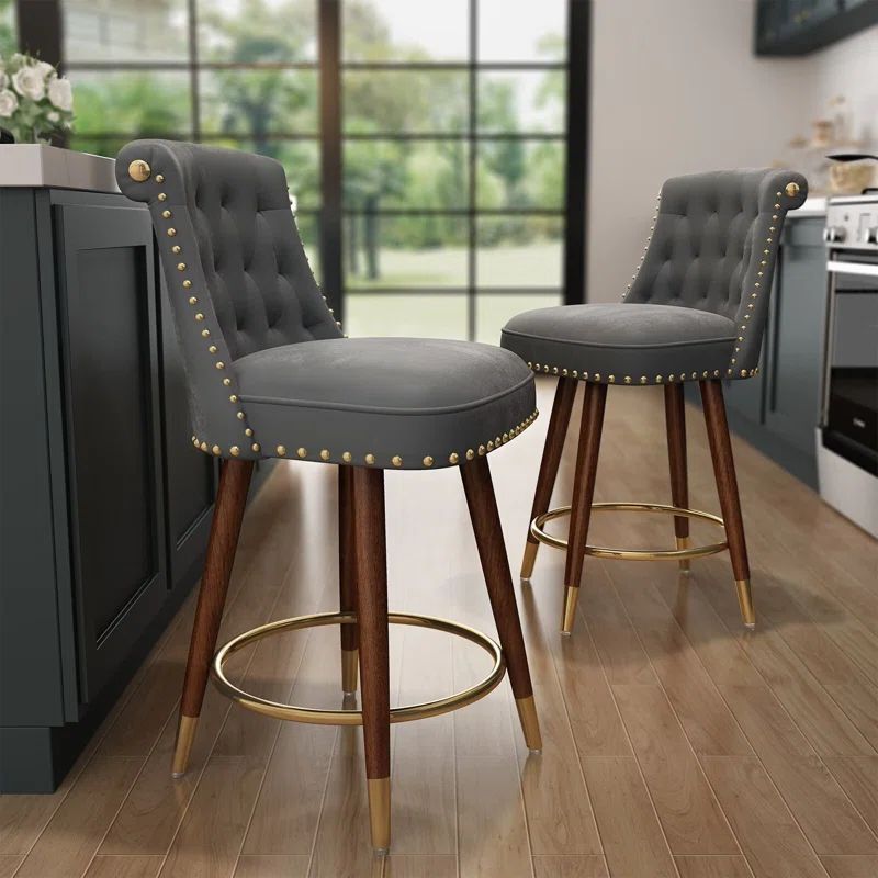 Gray Velvet Upholstered Swivel Counter Stools with Wood Legs, Set of 2