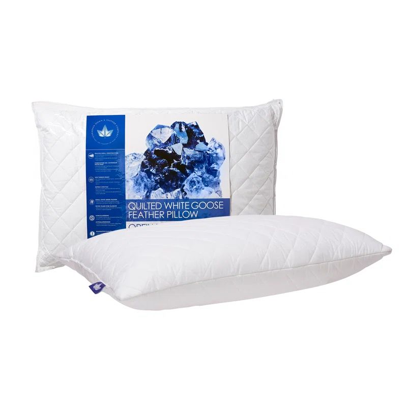 Soft Hypoallergenic Quilted White Goose Feather Queen Pillow