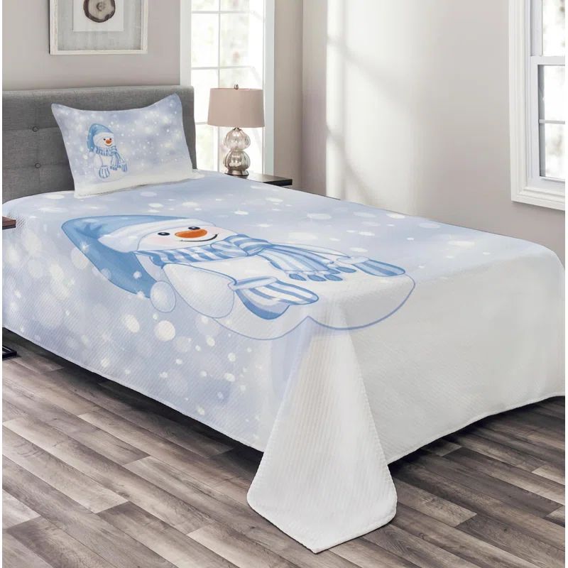 Snowman Cartoon Twin White Polyester Quilted Bedspread Set