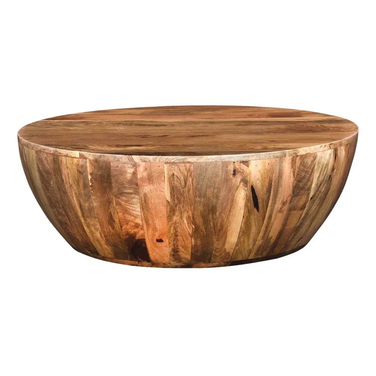 Rustic Mango Wood 35.5" Round Outdoor Drum Coffee Table in Dark Brown
