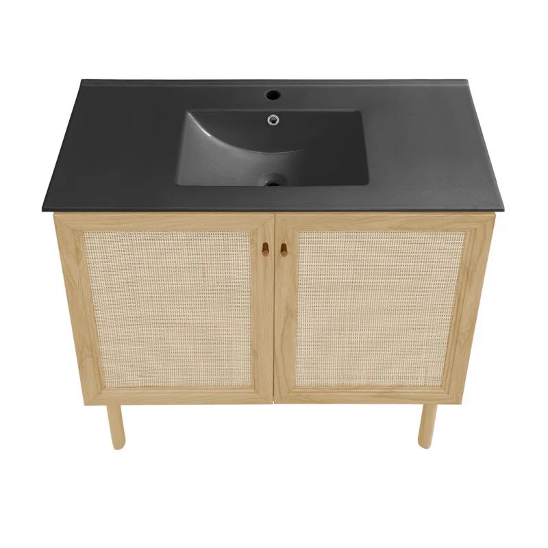 Natural Oak and Matte Black Freestanding Bathroom Vanity with Ceramic Sink