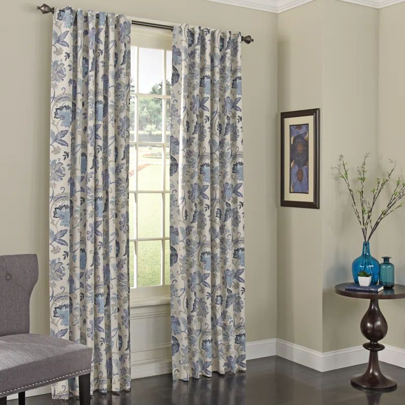 Nina Blue Floral Blackout Cotton Linen Ground Length Curtain Panel