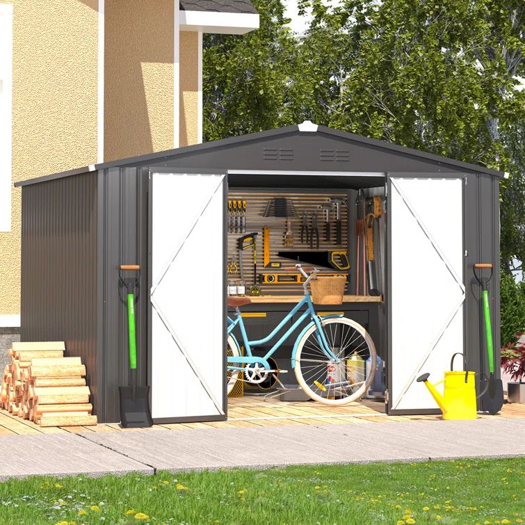 10' x 8' Dark Gray Galvanized Steel Storage Shed with Lockable Doors