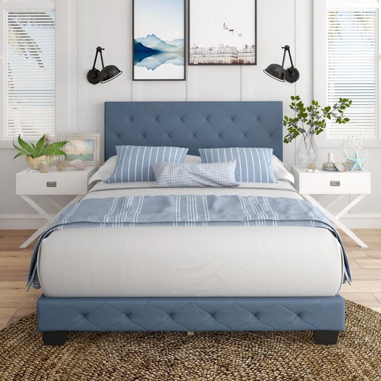 Chloe Blue Linen Upholstered Queen Platform Bed with Tufted Headboard