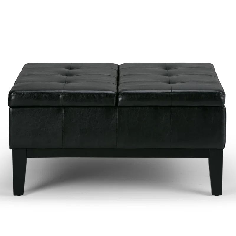 Midnight Black Tufted Faux Leather Cocktail Storage Ottoman