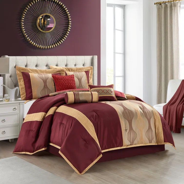 Queen Wine and Gold Microfiber 7-Piece Comforter Set