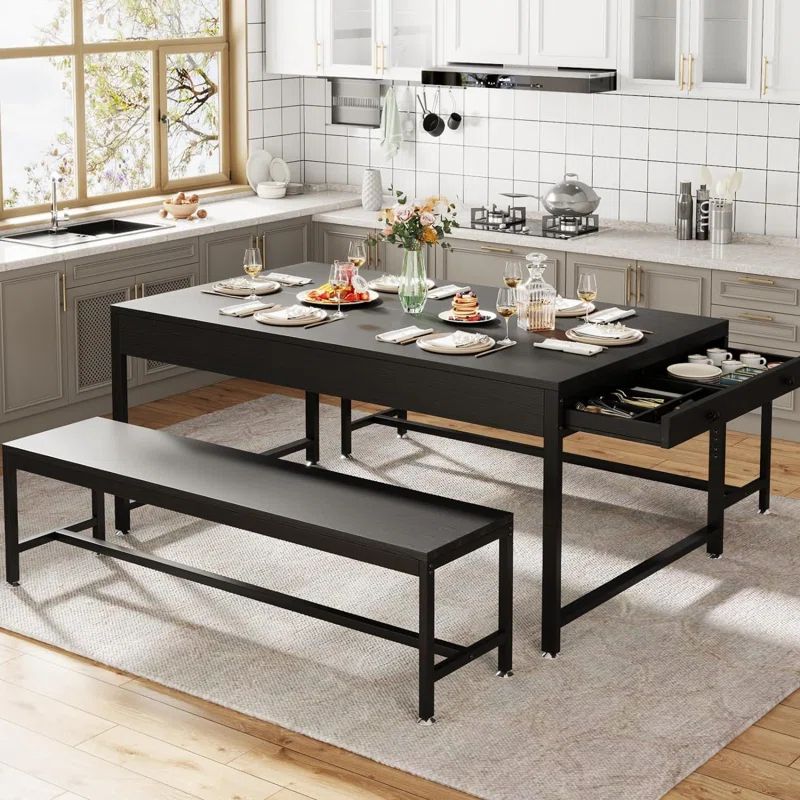 Black 63" Modern Dining Table Set with Benches and Storage