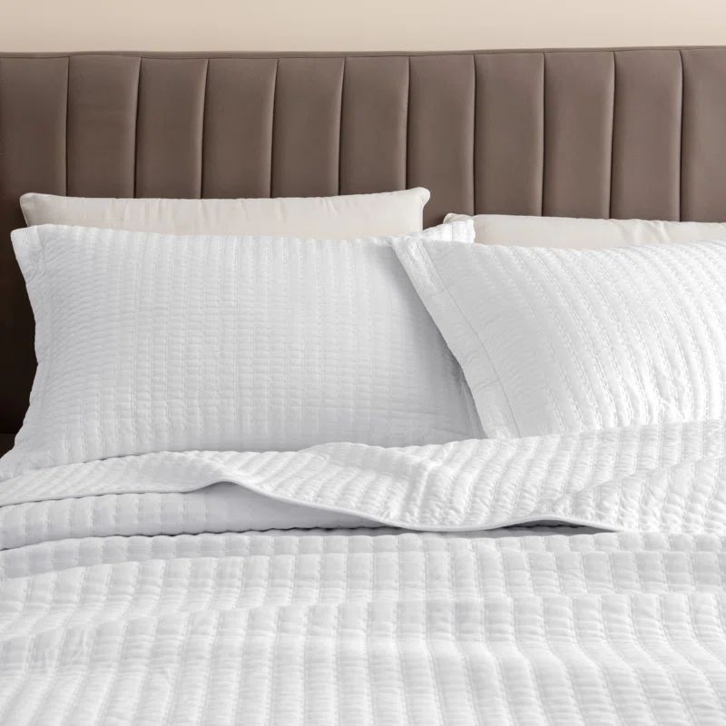 Twin White Microfiber Channel Stitch Quilt Set with Shams