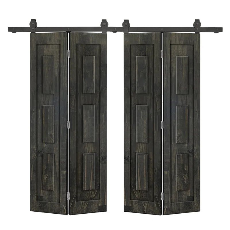 Charcoal Black Pine Wood Double Bi-Fold Barn Door with Sliding Hardware Kit